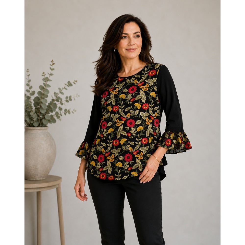 Susan Graver Liquid Knit Embroidered Floral Mesh Bell Sleeve Tunic Top L